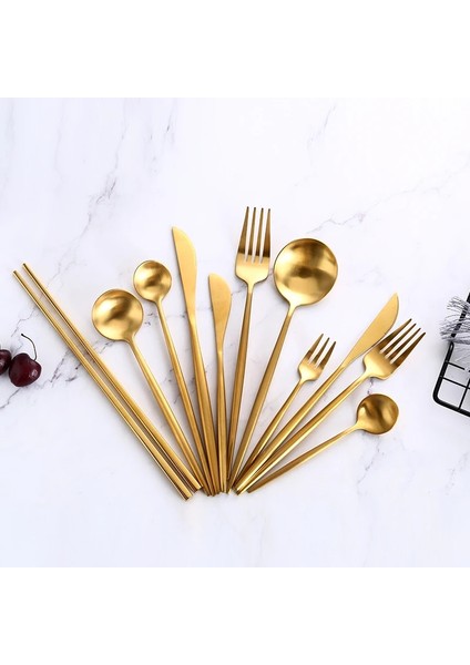 Tatlı Bıçağı Altın Çatal Bıçak Takımı Biftek Bıçağı Çatal Kahve Kaşığı Çay Kaşığı Tereyağı Bıçakları Tatlı Çatal Kaşığı Yemek Çubukları Paslanmaz Çelik Yemek Takımı Seti (Yurt Dışından) fırsatları