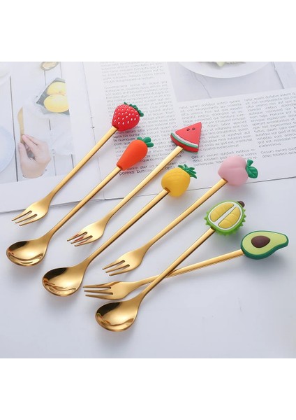 Stil 7 Meyve Kaşık Çatal 304 Paslanmaz Çelik Sofra Kek Kahve Tatlı Çorba Karıştırma Kaşık Çatal Karpuz Taşınabilir Seyahat Kullanımı (Yurt Dışından) modelleri