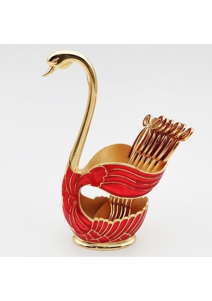 Kırmızı-6 Kaşık Lüks Metal Kahve Kaşığı ve Çatal Seti Meyveli Kuğu Tabanı Tutucu Dondurma Kaşığı Çatal Çay Kaşığı Tatlı Şeker Salata Sofra Takımı (Yurt Dışından)