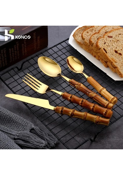 Spoon2 Bambu Çatal Bıçak Kaşık Seti 1 Adet/4 Adet Paslanmaz Çelik Altın Sofra Bıçak Çatal Kaşık Sofra Takımı Bulaşık Makinesinde Yıkanabilir Gümüş Yemek Takımı Seti (Yurt Dışından)
