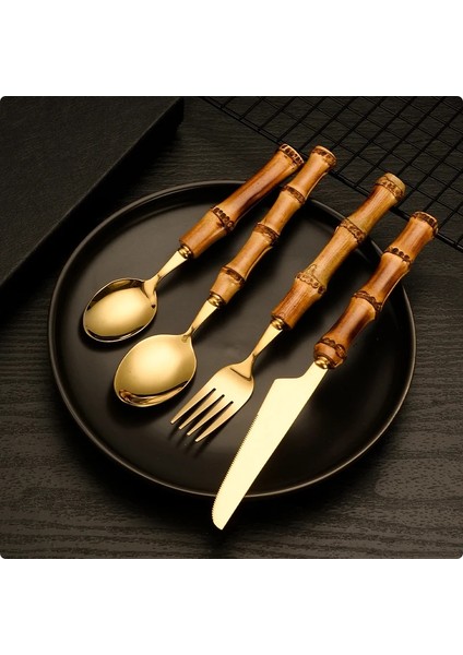 Spoon2 Bambu Çatal Bıçak Kaşık Seti 1 Adet/4 Adet Paslanmaz Çelik Altın Sofra Bıçak Çatal Kaşık Sofra Takımı Bulaşık Makinesinde Yıkanabilir Gümüş Yemek Takımı Seti (Yurt Dışından)