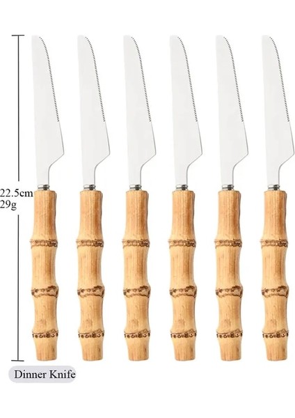 6 Adet Yemek Bıçağı Tamamen Doğal Bambu Saplı Gümüş Çatal Seti 6/24 Adet Sofra Seti Bıçak Kaşık Çatal Sofra Takımı Paslanmaz Çelik Yemek Takımı Seti (Yurt Dışından)
