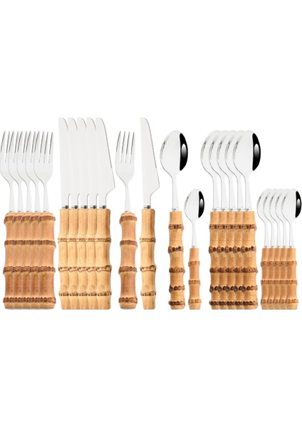 6 Adet Yemek Bıçağı Tamamen Doğal Bambu Saplı Gümüş Çatal Seti 6/24 Adet Sofra Seti Bıçak Kaşık Çatal Sofra Takımı Paslanmaz Çelik Yemek Takımı Seti (Yurt Dışından)