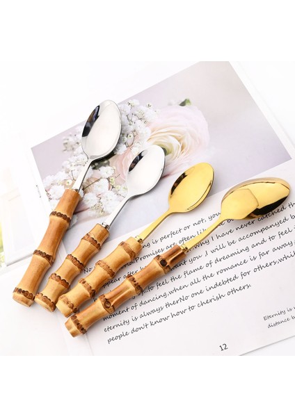 6 Adet Yemek Bıçağı Tamamen Doğal Bambu Saplı Gümüş Çatal Seti 6/24 Adet Sofra Seti Bıçak Kaşık Çatal Sofra Takımı Paslanmaz Çelik Yemek Takımı Seti (Yurt Dışından)