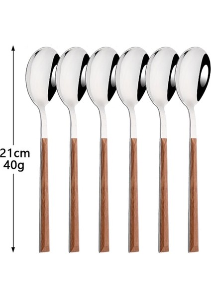 6 Adet Yemek Kaşığı Gümüş Paslanmaz Çelik Sofra Çatal Seti Sofra Takımı Taklit Ahşap Saplı Sofra Bıçak Çatal Çay Kaşığı Seyahat Gümüş (Yurt Dışından)