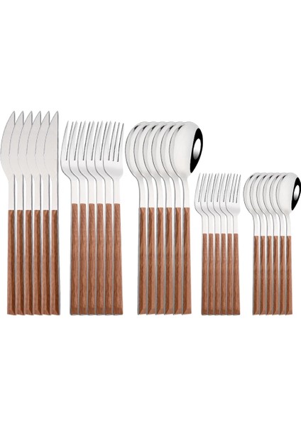 6 Adet Yemek Kaşığı Gümüş Paslanmaz Çelik Sofra Çatal Seti Sofra Takımı Taklit Ahşap Saplı Sofra Bıçak Çatal Çay Kaşığı Seyahat Gümüş (Yurt Dışından) fiyatları