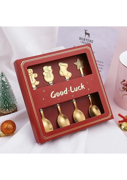 4pcs-Kırmızı Kutu 2pcs / 4pcs Noel Hediyesi Dekorasyon Tatlı Kaşıkları Kardan Adam Noel Çorabı Çatal Kaşık Noel Hediye Kutusu Zencefilli Kurabiye Kaşığı (Yurt Dışından)