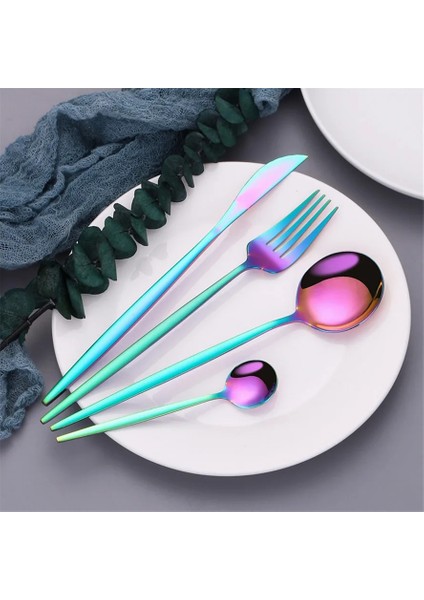 Çay Kaşığı 13.1cm Ayna Gökkuşağı Paslanmaz Çelik Çatal Seti Tatlı Çatalı Kaşık Bıçak Gümüş Seti Sofra Çelik Çubuk Komple Yemek Takımı (Yurt Dışından) modelleri