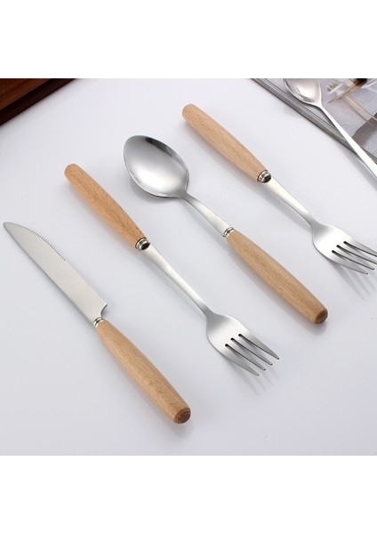 M-19.5 cm Paslanmaz Çelik Çatal Ahşap Saplı Yemek Çatalı Tatlı Kaşığı Bıçak Kahve Çay Kaşığı Meyve Çatalları Mutfak Sofra Aksesuarları (Yurt Dışından) indirimleri