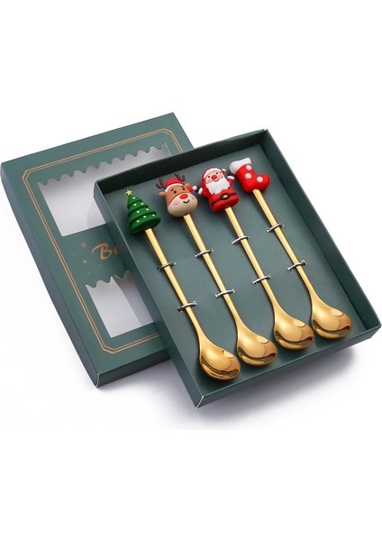 4pcs-Gold-B2 6/4/2pcs Noel Hediyesi Glod Kaşık Çatal Seti Elk Noel Ağacı Dekorasyon Tatlı Kepçe Meyve Çatalı Kahve Kaşığı Çatal Bıçak Kaşık Seti (Yurt Dışından)