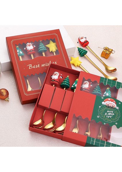 4pcs-Gold-B2 6/4/2pcs Noel Hediyesi Glod Kaşık Çatal Seti Elk Noel Ağacı Dekorasyon Tatlı Kepçe Meyve Çatalı Kahve Kaşığı Çatal Bıçak Kaşık Seti (Yurt Dışından)