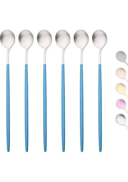 Mavi Gümüş 6 Adet Altın Kahve Çay Karıştırma Kaşığı Uzun Saplı Dondurma Tatlı Kaşığı Çevre Dostu Paslanmaz Çelik Sofra Mutfak Malzemeleri (Yurt Dışından)