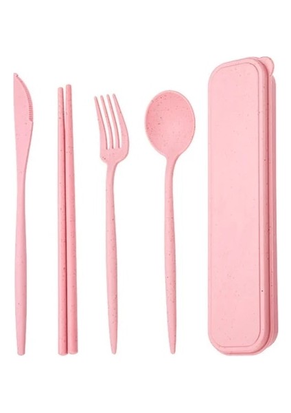 Pembe 4 Adet/takım Gıda Saklama Kabı Buğday Samanı Sofra Yetişkin Çocuk Okul Ofis Bento Kutusu Çevre Dostu Yemek Takımı Yeniden Kullanılabilir Çatal Bıçak Takımı (Yurt Dışından)