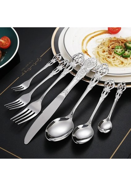 Gümüş-Çatal-L 1 Adet Lüks Altın Yemek Takımı Vintage Batı Paslanmaz Çelik Çatal Bıçak Takımları Düğün Gravür Sofra Bıçak Çatal Kaşık Çay Kaşığı (Yurt Dışından) fırsatları
