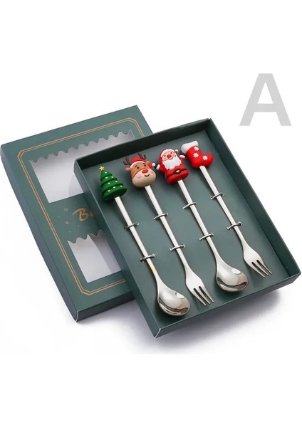 4pcs-Silver-B3 6/4/2pcs Noel Hediyesi Glod Kaşık Çatal Seti Elk Noel Ağacı Dekorasyon Tatlı Kepçe Meyve Çatalı Kahve Kaşığı Çatal Bıçak Kaşık Seti (Yurt Dışından)