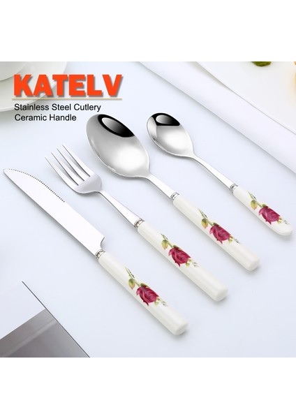 Bıçak 20.2 cm Seramik Sofra Paslanmaz Çelik Çatal Bıçak Takımı Seramik Kolu Biftek Bıçağı Çatal Kaşık Kek Tatlı Yemek Takımı Gül Çiçek Desen (Yurt Dışından)