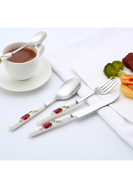 Bıçak 20.2 cm Seramik Sofra Paslanmaz Çelik Çatal Bıçak Takımı Seramik Kolu Biftek Bıçağı Çatal Kaşık Kek Tatlı Yemek Takımı Gül Çiçek Desen (Yurt Dışından)