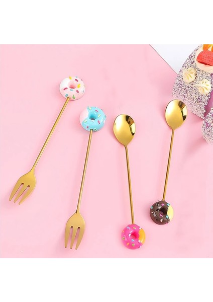 B Sevimli Paslanmaz Çelik Kaşık Çatal Versiyonu Gökkuşağı Lolipop Donut Macaron Tatlı Kaşıkları Kek Meyve Çatalları Sofra Mutfak Kaynağı (Yurt Dışından)