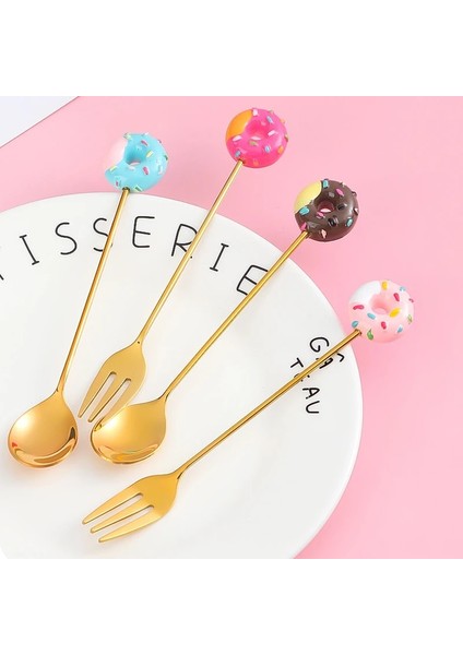 B Sevimli Paslanmaz Çelik Kaşık Çatal Versiyonu Gökkuşağı Lolipop Donut Macaron Tatlı Kaşıkları Kek Meyve Çatalları Sofra Mutfak Kaynağı (Yurt Dışından)