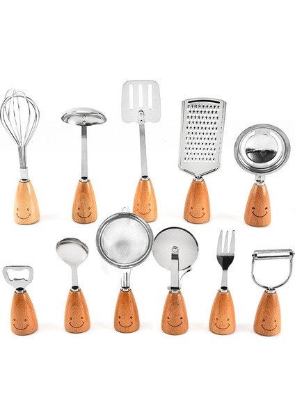 F Sevimli Gülümseme Sofra Ahşap Saplı Paslanmaz Çelik Çatal Yumurta Bölme Kepçe Soyucu Spatula Skimmer Yumurta Brater Rende Pizza Tekerleği (Yurt Dışından)