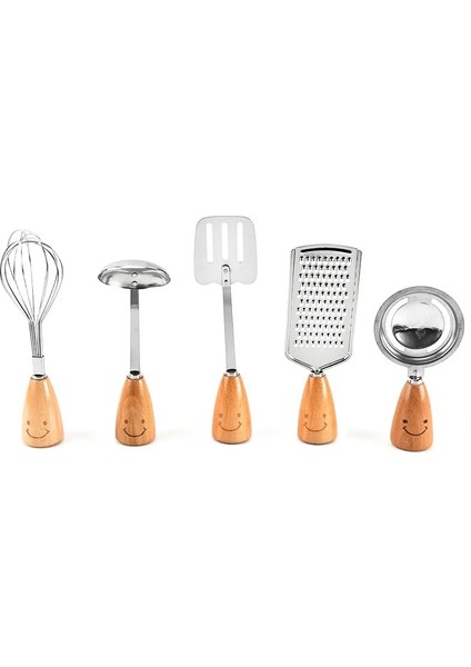 F Sevimli Gülümseme Sofra Ahşap Saplı Paslanmaz Çelik Çatal Yumurta Bölme Kepçe Soyucu Spatula Skimmer Yumurta Brater Rende Pizza Tekerleği (Yurt Dışından)