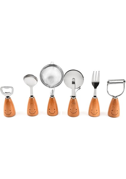 F Sevimli Gülümseme Sofra Ahşap Saplı Paslanmaz Çelik Çatal Yumurta Bölme Kepçe Soyucu Spatula Skimmer Yumurta Brater Rende Pizza Tekerleği (Yurt Dışından)