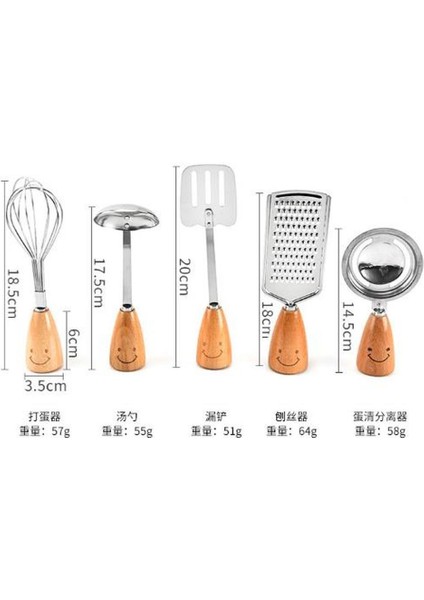 F Sevimli Gülümseme Sofra Ahşap Saplı Paslanmaz Çelik Çatal Yumurta Bölme Kepçe Soyucu Spatula Skimmer Yumurta Brater Rende Pizza Tekerleği (Yurt Dışından)