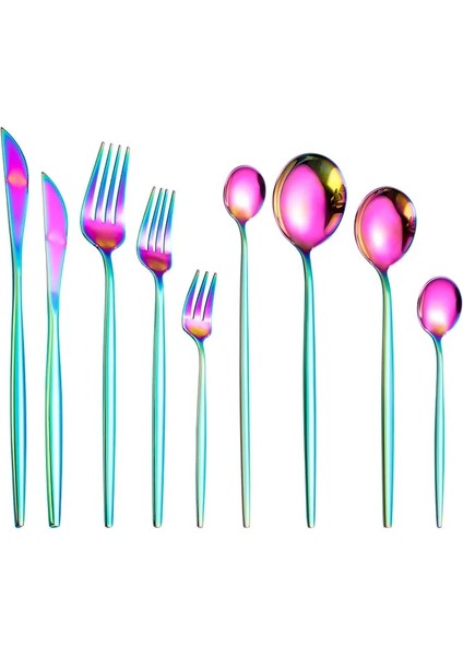 Altın Yemek Takımı Gökkuşağı Gümüş Çatal Bıçak Kaşık Seti 304 Paslanmaz Çelik Lüks Sofra Takımı Ev Çatal Kaşık Bıçak Mutfak Yemeği Seti Damla Gemi (Yurt Dışından)
