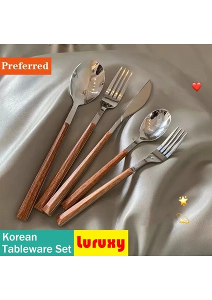 6 Adet Yemek Çubukları Ahşap Saplı Çatal Bıçak Kaşık Seti Kore Paslanmaz Çelik Sofra Seti Mutfak Bıçağı Çatal Kaşık Çubuklarını Yemek Takımı Seti Sofra Seti (Yurt Dışından)