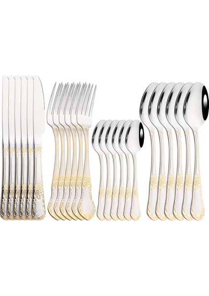 6 Adet Yemek Çatalı 6 Kişi Vintage Altın Çatal Bıçak Kaşık Seti 18/10 Paslanmaz Çelik Sofra Bıçak Seti Çatal Çay Kaşığı Yemek Takımı Gümüş Mutfak Sofra Takımı (Yurt Dışından)