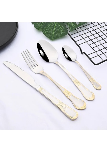 6 Adet Yemek Çatalı 6 Kişi Vintage Altın Çatal Bıçak Kaşık Seti 18/10 Paslanmaz Çelik Sofra Bıçak Seti Çatal Çay Kaşığı Yemek Takımı Gümüş Mutfak Sofra Takımı (Yurt Dışından) modelleri