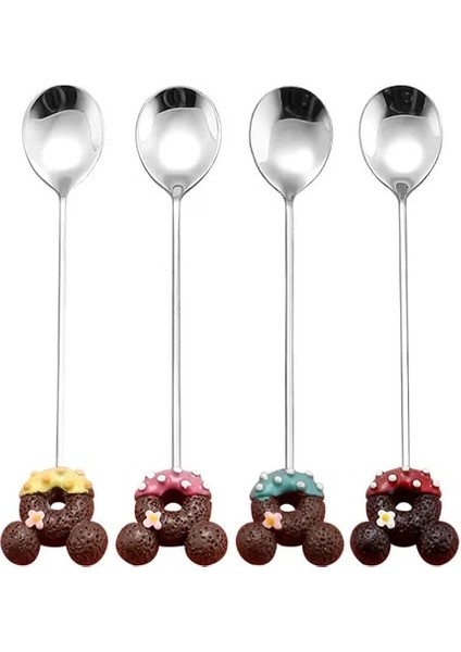 B 4pcs Gümüş Kaşık 4pcs / 2pcs Çatal Kaşık Çatal Seti Donut Şeker Kaşık Çatal Süt Kahve Karıştırma Kaşık Tatlı Kaşığı Meyve Çatalı Çatal Hediye (Yurt Dışından)