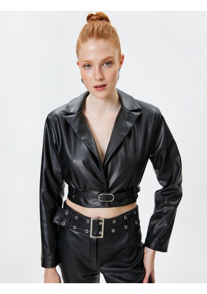 Crop Deri Görünümlü Ceket Ters Yaka Belden Kemer Detaylı