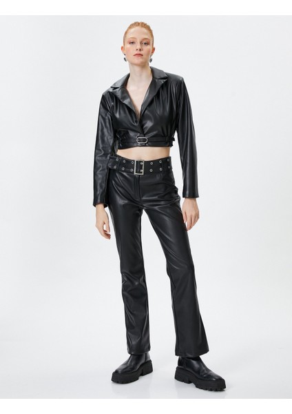 Crop Deri Görünümlü Ceket Ters Yaka Belden Kemer Detaylı fiyatları