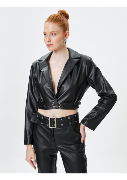 Crop Deri Görünümlü Ceket Ters Yaka Belden Kemer Detaylı modelleri