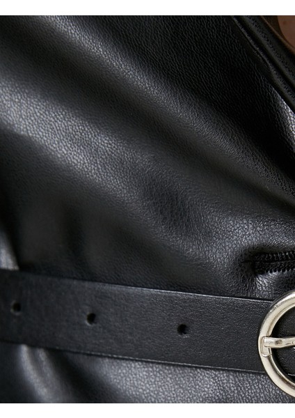 Crop Deri Görünümlü Ceket Ters Yaka Belden Kemer Detaylı indirimleri