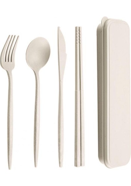 Bej 4 Adet/takım Sofra Plastik Kaymaz Çatal Bıçak Kaşık Seti Yeniden Kullanılabilir Kolay Taşıma Eşyaları Seti Saklama Kutusu ile Hafif Çatal Bıçak Kaşık Seti (Yurt Dışından)
