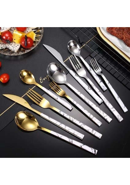 B Gümüş Çay Kaşığı Mermer Saplı Çatal Seti Sofra Yaratıcı Paslanmaz Çelik Kaşık Çatal Bıçak Yemek Takımı Seti Batı Mutfak Eşyaları (Yurt Dışından) fırsatları