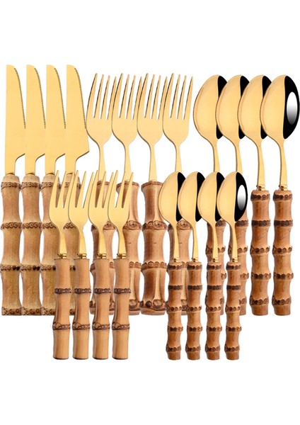 4 Adet Yemek Bıçağı 4/20 Adet Altın Doğal Bambu Saplı Sofra 304 Paslanmaz Çelik Yemek Takımı Bıçak Çatal Kaşık Çevre Dostu Gümüş Çatal Bıçak Kaşık Seti (Yurt Dışından)