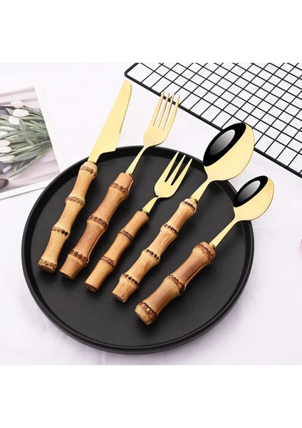 4 Adet Yemek Bıçağı 4/20 Adet Altın Doğal Bambu Saplı Sofra 304 Paslanmaz Çelik Yemek Takımı Bıçak Çatal Kaşık Çevre Dostu Gümüş Çatal Bıçak Kaşık Seti (Yurt Dışından)
