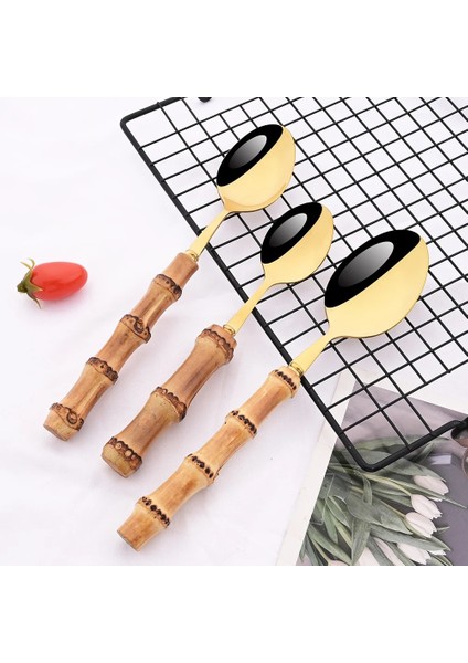 4 Adet Yemek Bıçağı 4/20 Adet Altın Doğal Bambu Saplı Sofra 304 Paslanmaz Çelik Yemek Takımı Bıçak Çatal Kaşık Çevre Dostu Gümüş Çatal Bıçak Kaşık Seti (Yurt Dışından)