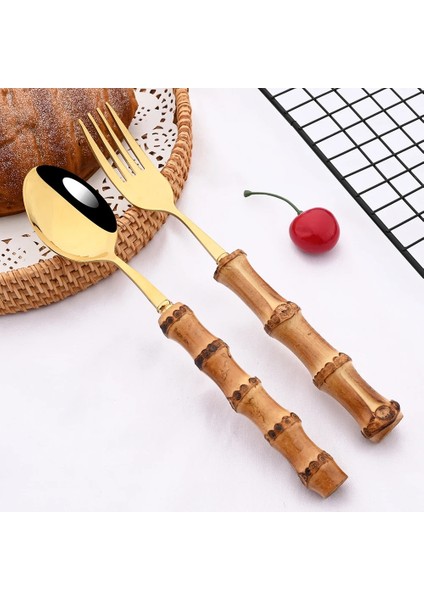 4 Adet Yemek Bıçağı 4/20 Adet Altın Doğal Bambu Saplı Sofra 304 Paslanmaz Çelik Yemek Takımı Bıçak Çatal Kaşık Çevre Dostu Gümüş Çatal Bıçak Kaşık Seti (Yurt Dışından)