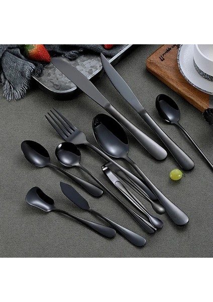 LF1HSVEGETABLEFORK Siyah Paslanmaz Çelik Çatal Bıçak Kaşık Seti Siyah Mutfak Sofra Seti Yemek Kaşık Çatal Yemek Takımı Sofra Ev Sofra Takımı Ayna (Yurt Dışından)