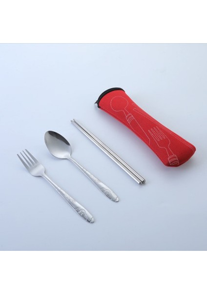 3 Adet-Siyah 3 Adet Set Yemek Takımı Taşınabilir Baskılı Paslanmaz Çelik Kaşık Çatal Biftek Bıçağı Seti Seyahat Çatal Sofra Çanta ile (Yurt Dışından) fırsatları