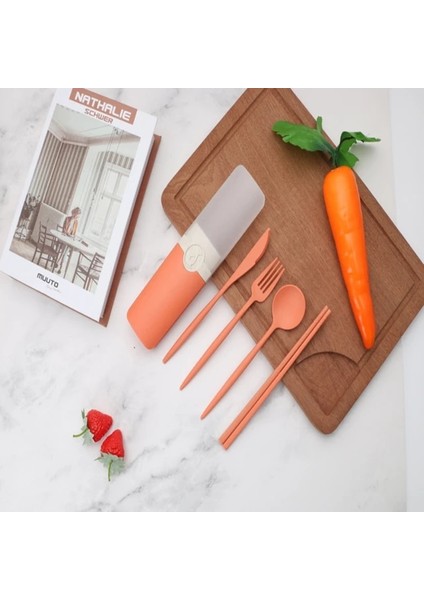 Turuncu 1 Takım Buğday Samanı Sofra Öğrenciler Seyahat Piknik Taşınabilir Çatal Çubuk Kaşık Kılıfı ile Mutfak Aksesuarları ve Gadget (Yurt Dışından)
