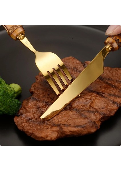 Çatal Bambu Çatal Bıçak Takımı Paslanmaz Çelik Yemek Takımı Setleri Altın Ahşap Sofra Batı Yemek Bıçağı Çatal Çay Kaşığı Cutleries (Yurt Dışından) modelleri