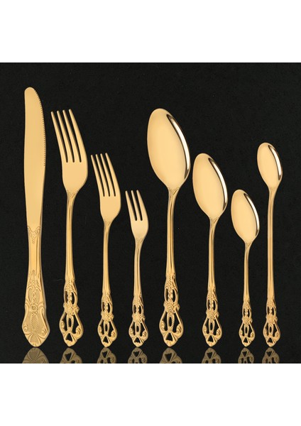 Gökkuşağı Altın 8 Adet Lüks Yemek Takımı Ayna Paslanmaz Çelik Vintage Batı Sofra Takımı Çatal Bıçak Kaşık Seti Sofra Bıçak Buz Kaşığı Meyve Çatalı Seti (Yurt Dışından) fırsatları