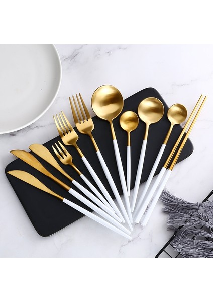 Gümüş Beyaz Altın Yemek Takımı Biftek Bıçağı Çatal Kahve Kaşığı Tereyağı Bıçakları Chopstick Tatlı Bıçağı Buz Kaşığı Paslanmaz Çelik Çatal Seti (Yurt Dışından) fiyatları