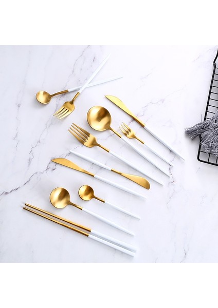 Gümüş Beyaz Altın Yemek Takımı Biftek Bıçağı Çatal Kahve Kaşığı Tereyağı Bıçakları Chopstick Tatlı Bıçağı Buz Kaşığı Paslanmaz Çelik Çatal Seti (Yurt Dışından) indirimleri