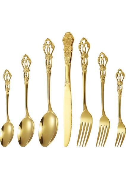 Gümüş-Kaşık-M 1 Adet Lüks Altın Yemek Takımı Vintage Batı Paslanmaz Çelik Çatal Bıçak Takımları Düğün Gravür Sofra Bıçak Çatal Kaşık Çay Kaşığı (Yurt Dışından) fiyatları